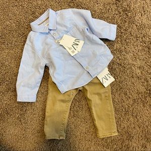 Zara baby 9-12 month blue shirt and tan denim